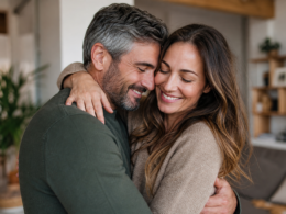 A happy couple embracing warmly at home