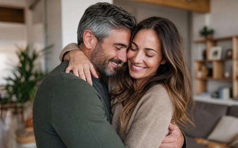 A happy couple embracing warmly at home