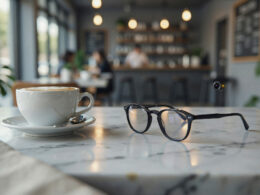 Person wearing AI camera glasses seated in a busy cafe with other patrons in the background