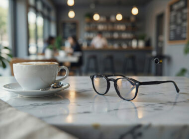Person wearing AI camera glasses seated in a busy cafe with other patrons in the background