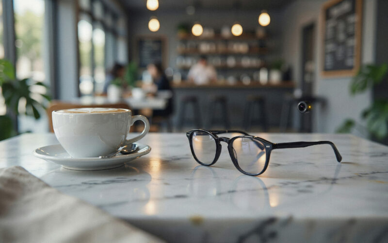 Person wearing AI camera glasses seated in a busy cafe with other patrons in the background