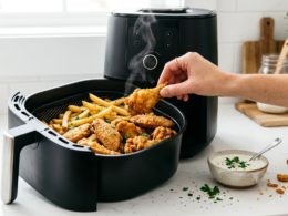 Air fryer recipes cooking golden crispy wings and fries in an open air fryer basket on a kitchen counter