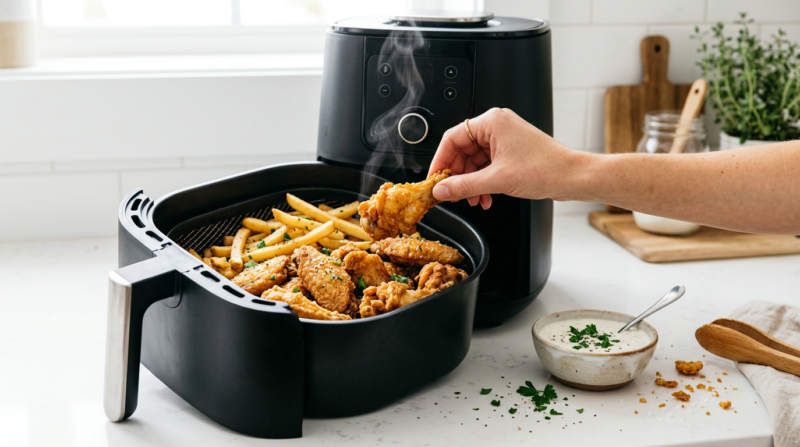 Air fryer recipes cooking golden crispy wings and fries in an open air fryer basket on a kitchen counter