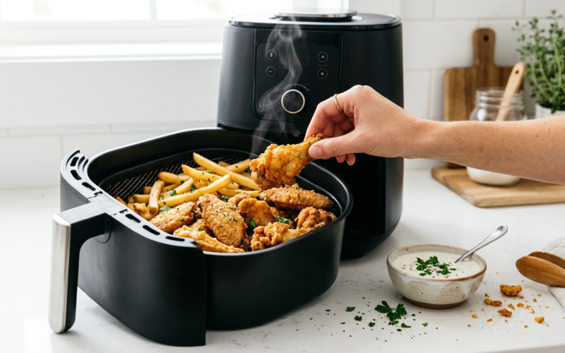 Air fryer recipes cooking golden crispy wings and fries in an open air fryer basket on a kitchen counter