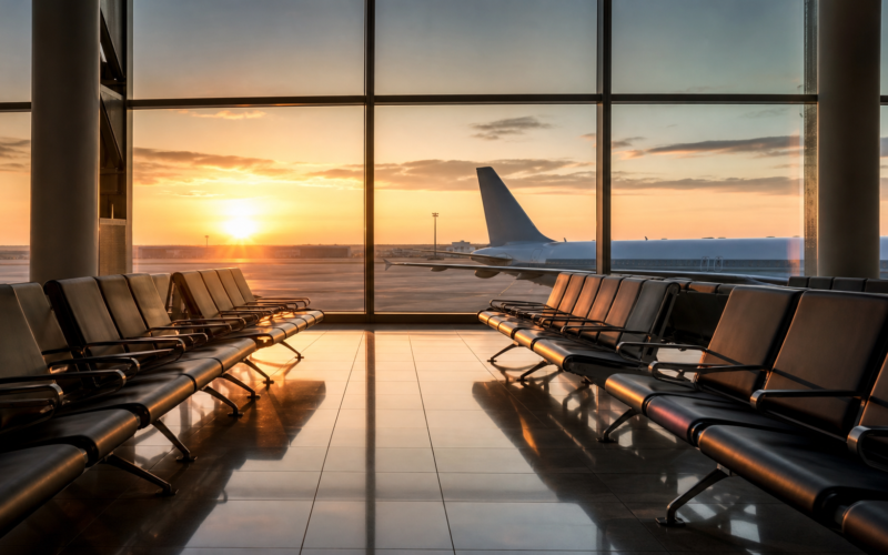 Empty airport departure gate seating at sunrise with a jet bridge visible through the window