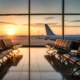 Empty airport departure gate seating at sunrise with a jet bridge visible through the window