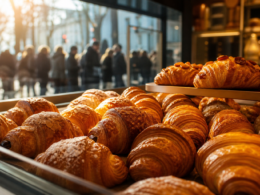 Glass bakery case filled with pastries and desserts with a queue forming outside