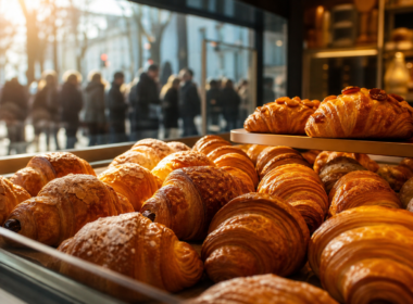 Glass bakery case filled with pastries and desserts with a queue forming outside