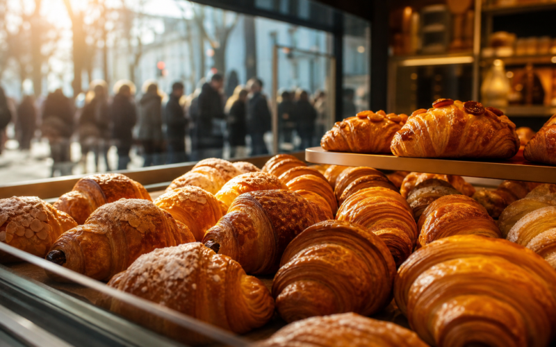 Glass bakery case filled with pastries and desserts with a queue forming outside