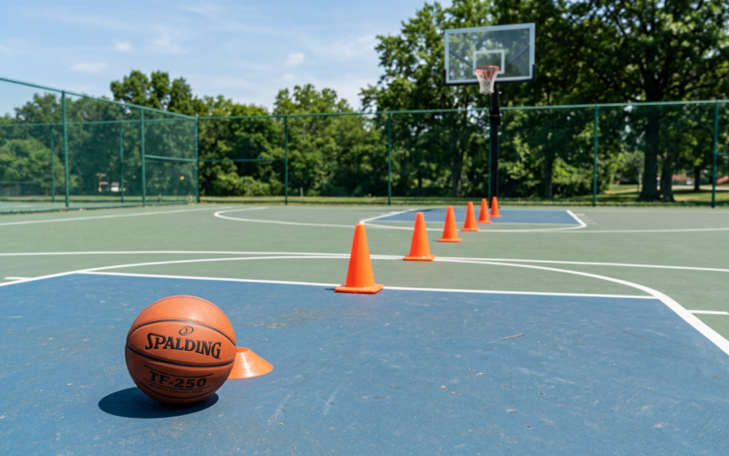 Players practicing basketball defense drills on the court