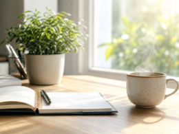 A calendar and coffee cup on a desk, tips to beat the midweek slump