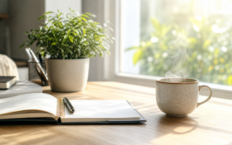 A calendar and coffee cup on a desk, tips to beat the midweek slump