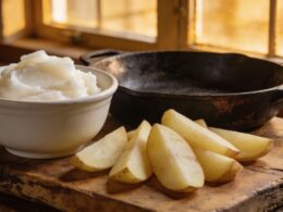 Cast iron skillet with golden potato wedges frying in tallow
