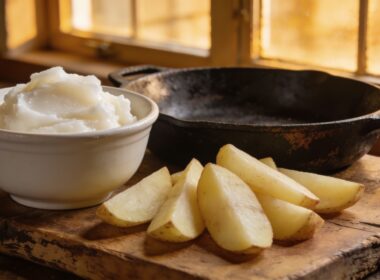 Cast iron skillet with golden potato wedges frying in tallow