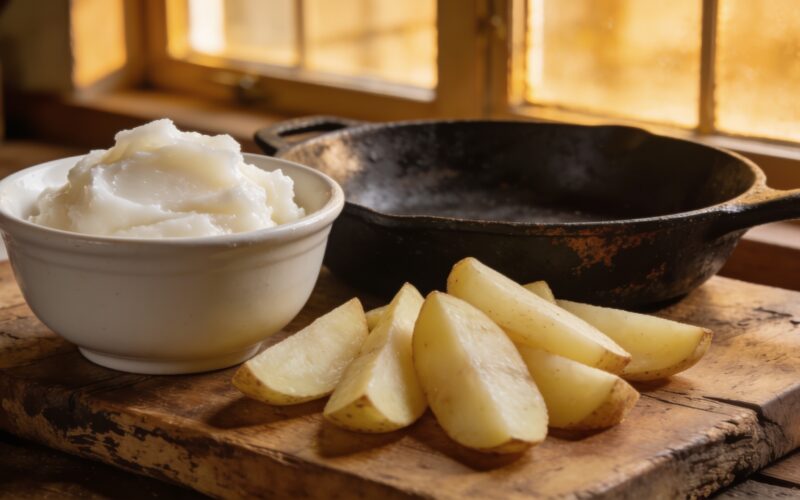 Cast iron skillet with golden potato wedges frying in tallow