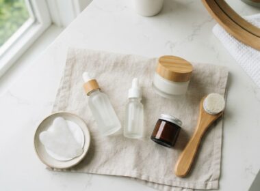 A minimal skincare product flat lay on a bright bathroom counter