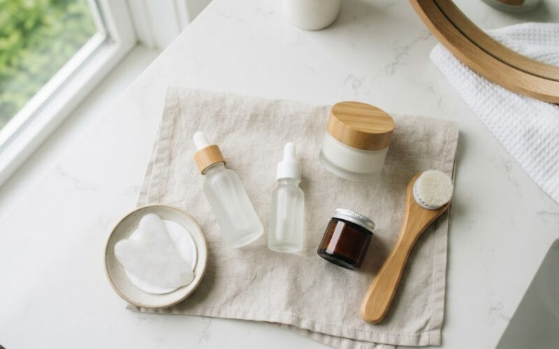 A minimal skincare product flat lay on a bright bathroom counter
