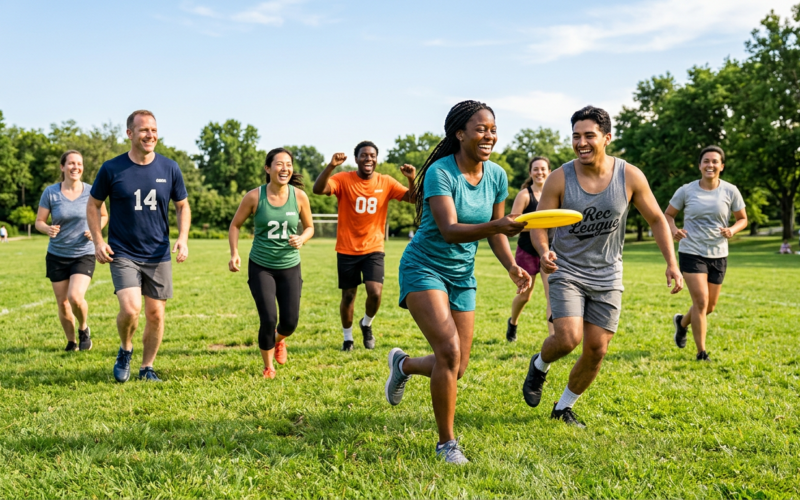 A group of adults playing a recreational team sport on a sunny field
