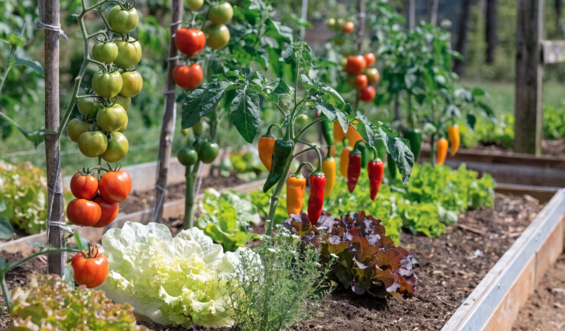 A thriving beginner vegetable garden with tomatoes, lettuce, and peppers in raised beds