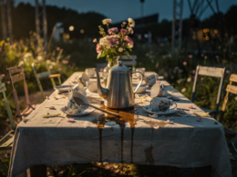 Abandoned outdoor tea party table at dusk with a silver kettle, spilled tea and overturned floral teacups