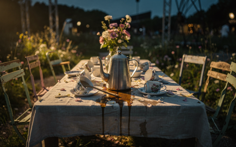 Abandoned outdoor tea party table at dusk with a silver kettle, spilled tea and overturned floral teacups