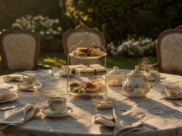 Elegant garden tea party table set with fine china and sandwiches, evoking the Big Brother 28 tea party house meeting
