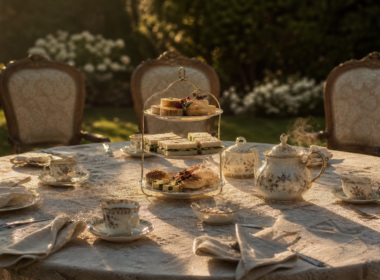 Elegant garden tea party table set with fine china and sandwiches, evoking the Big Brother 28 tea party house meeting