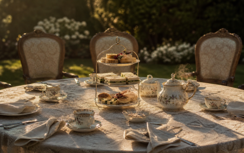 Elegant garden tea party table set with fine china and sandwiches, evoking the Big Brother 28 tea party house meeting