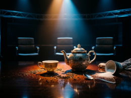 Ornate teapot and teacups spotlit on a dark reality TV set table with three empty chairs behind them