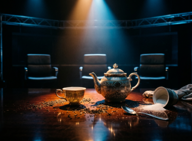 Ornate teapot and teacups spotlit on a dark reality TV set table with three empty chairs behind them