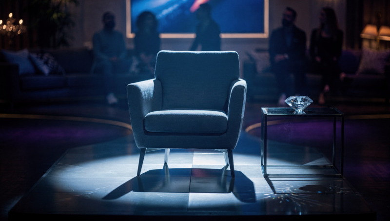 Big Brother 28 week 3 nomination set with a spotlighted empty chair and a Diamond Power of Veto gemstone