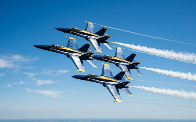 Blue Angels jets in tight formation during a flyover