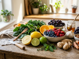 Fresh immune-supporting foods including citrus, ginger, leafy greens, and berries