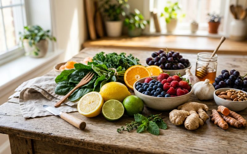 Fresh immune-supporting foods including citrus, ginger, leafy greens, and berries