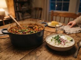 A large pot of bean and vegetable chili with a bowl of rice on a rustic wooden table