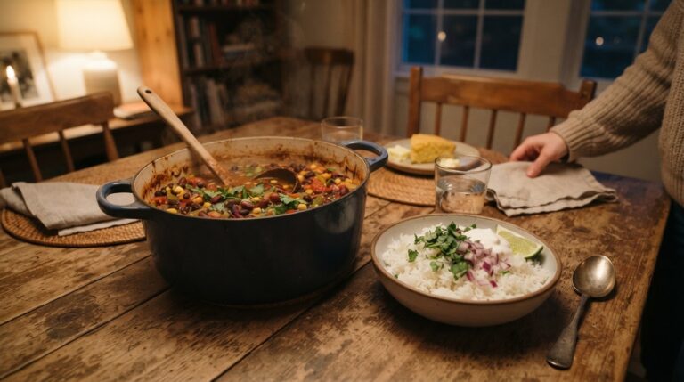 A large pot of bean and vegetable chili with a bowl of rice on a rustic wooden table