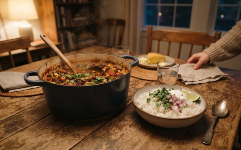 A large pot of bean and vegetable chili with a bowl of rice on a rustic wooden table