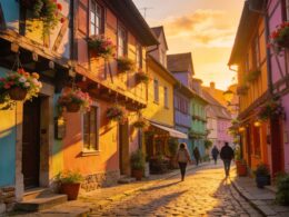 A colorful old-town street in warm golden evening light