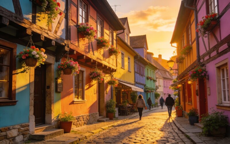 A colorful old-town street in warm golden evening light