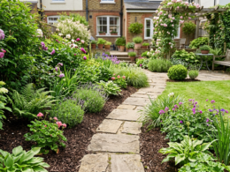 A tidy backyard garden with mulched beds, a stone path, and green plants
