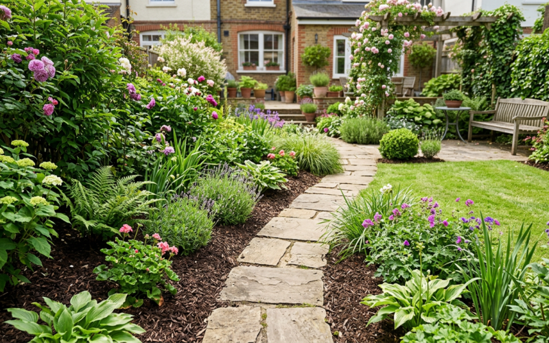 A tidy backyard garden with mulched beds, a stone path, and green plants