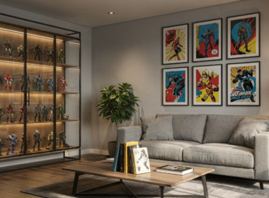 Modern living room with a comic book gallery wall and lit display case for styling collectibles at home