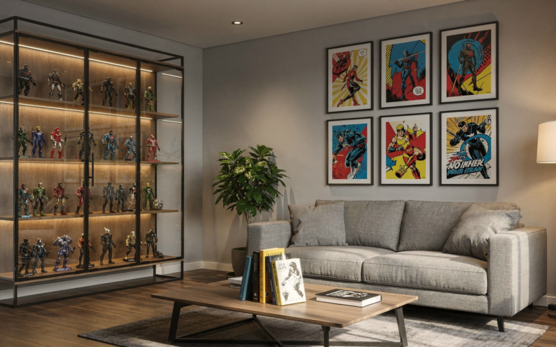 Modern living room with a comic book gallery wall and lit display case for styling collectibles at home