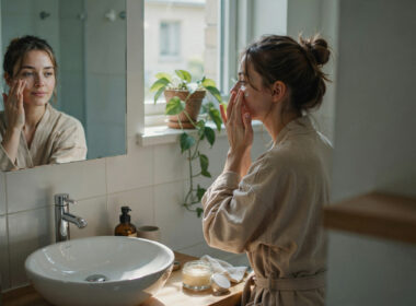 A person applying skincare cream at a bathroom mirror