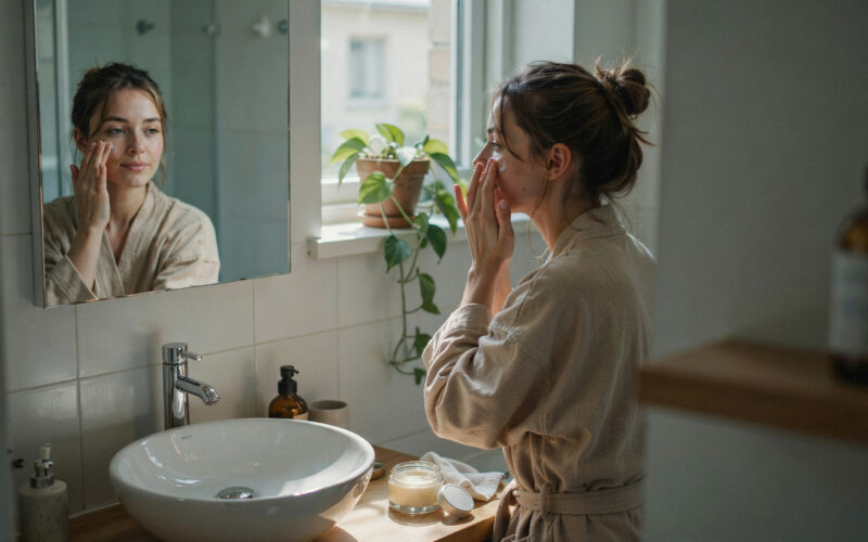 A person applying skincare cream at a bathroom mirror