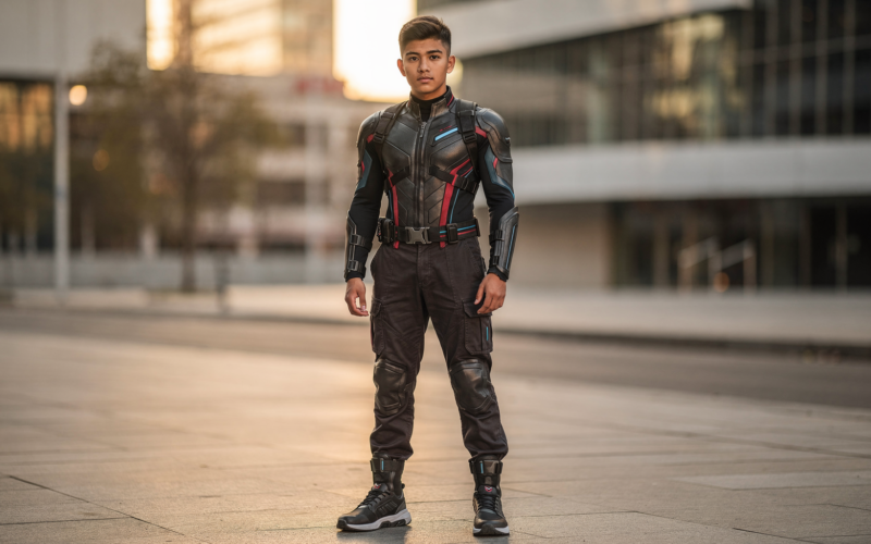 Person wearing cosplay-inspired streetwear on a city sidewalk in golden hour light