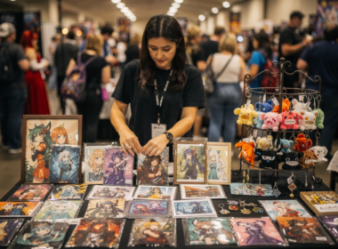 Artist alley vendor booth at a fan convention showing the creator economy behind Comic-Con