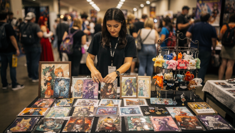 Artist alley vendor booth at a fan convention showing the creator economy behind Comic-Con