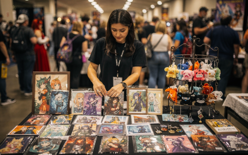Artist alley vendor booth at a fan convention showing the creator economy behind Comic-Con