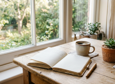 A peaceful morning scene with an open journal, coffee, and a plant by a window